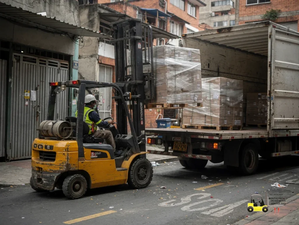 Alquiler de montacargas a combustión en Teusaquillo cuando la carga no puede esperar 1 Alquiler de montacargas a combustión en Teusaquillo descargando pallets junto a un camión