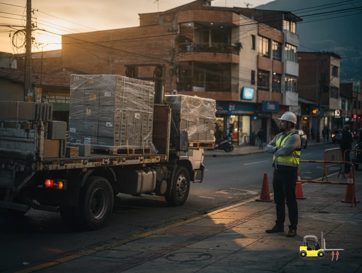 Alquiler de montacargas a combustión en Teusaquillo cuando la carga no puede esperar 6 Montacargas descargando materiales al final de la tarde en una vía comercial