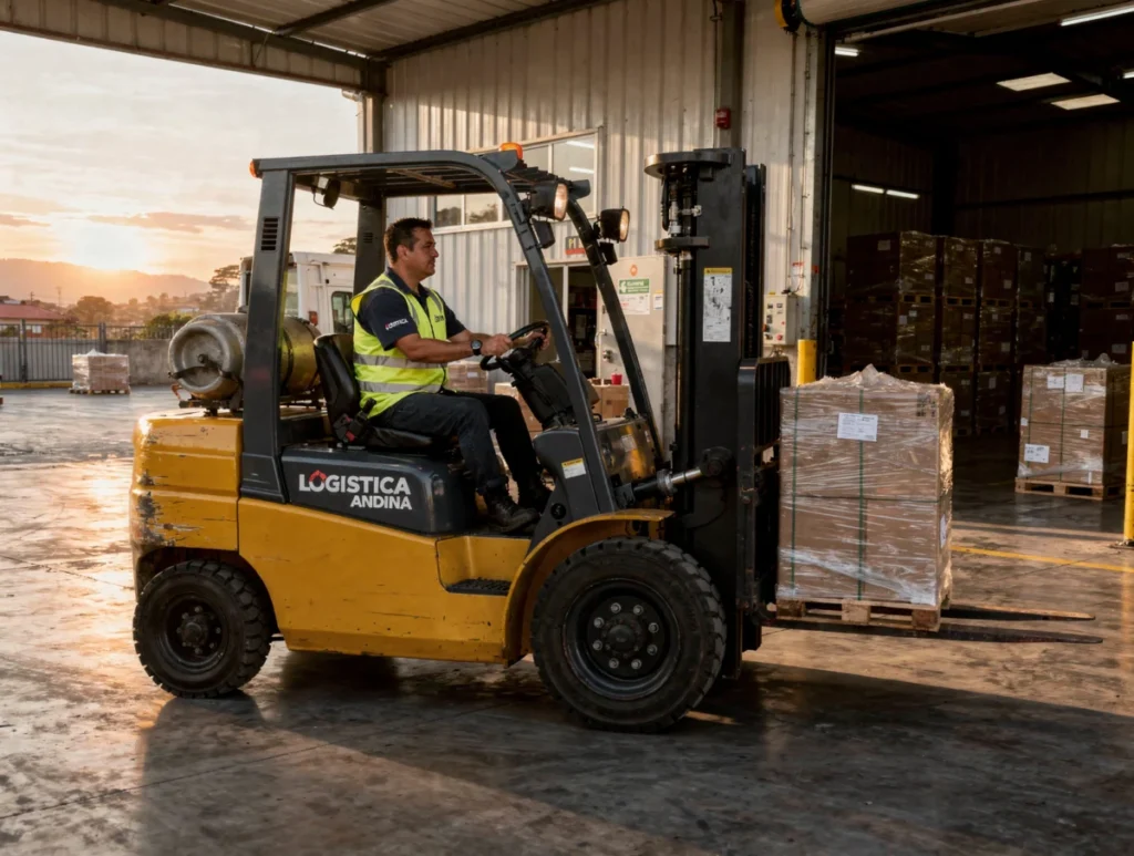 Alquiler de montacargas en Bogotá: lo que tu empresa sí debe revisar antes de contratar 1 Equipo de alquiler de montacargas en Bogotá cargando pallets en una bodega industrial al amanecer