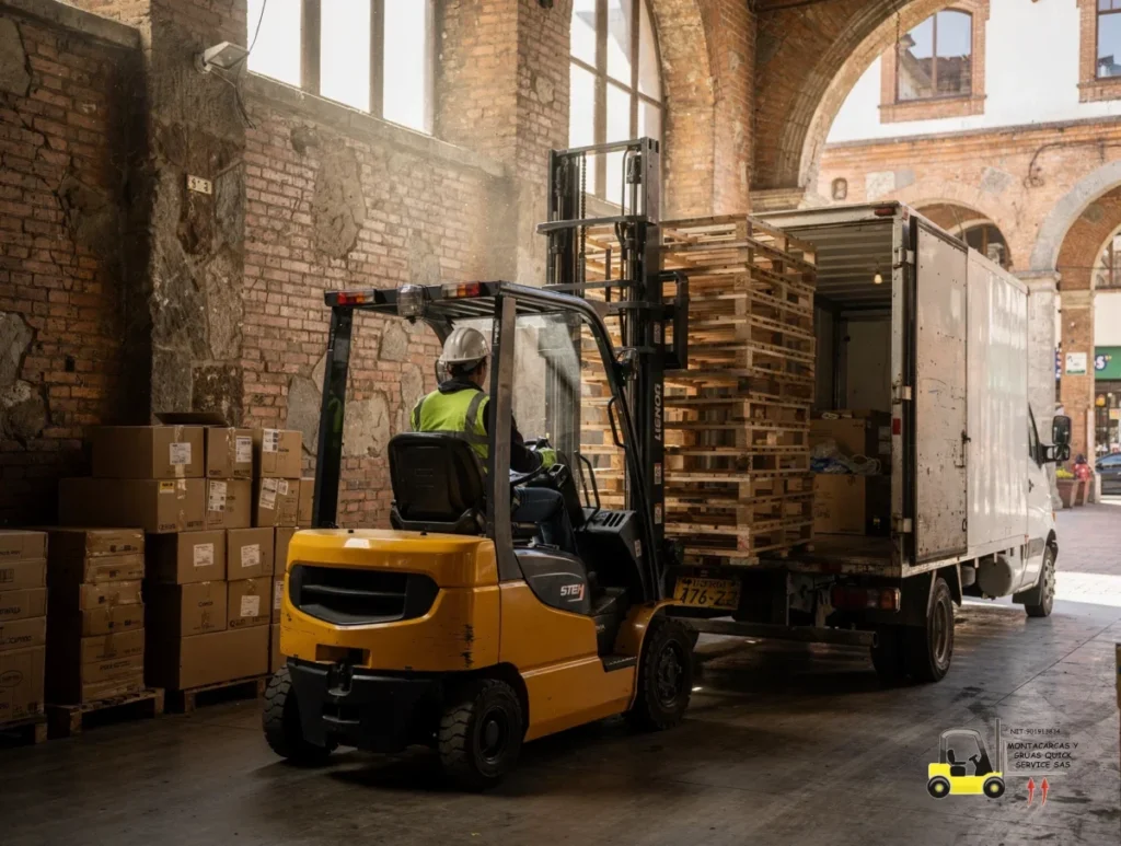 Alquiler de montacargas por días y mes en La Candelaria con equipos listos para trabajar 1 alquiler de montacargas por días y mes en La Candelaria con un operador cargando pallets en un muelle angosto