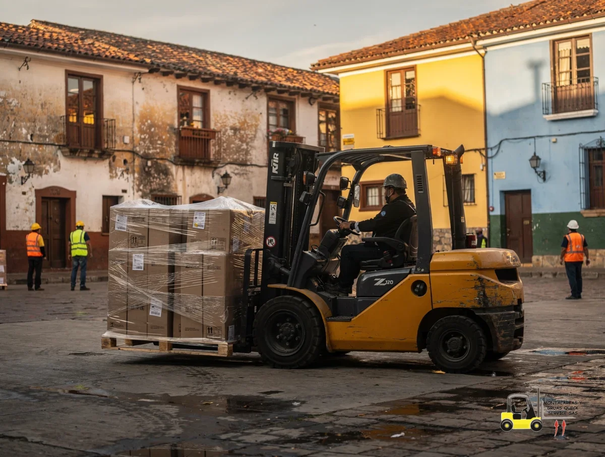 Alquiler de montacargas por días y mes en La Candelaria con equipos listos para trabajar 4 alquiler de montacargas por días y mes en La Candelaria con una carga paletizada en tránsito dentro de una bodega