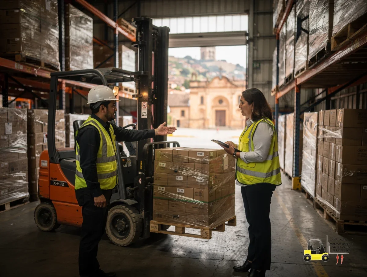 Alquiler de montacargas por días y mes en La Candelaria con equipos listos para trabajar 5 Supervisor y operador revisando el peso de una carga antes de la maniobra