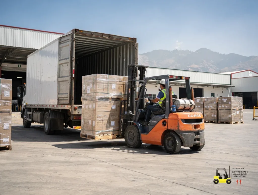 Alquiler de montacargas por horas en Bogotá sur: paga solo lo que usas y sigue moviendo carga 1 Montacargas por horas en Bogotá sur cargando un pallet frente a un camión en una bodega industrial