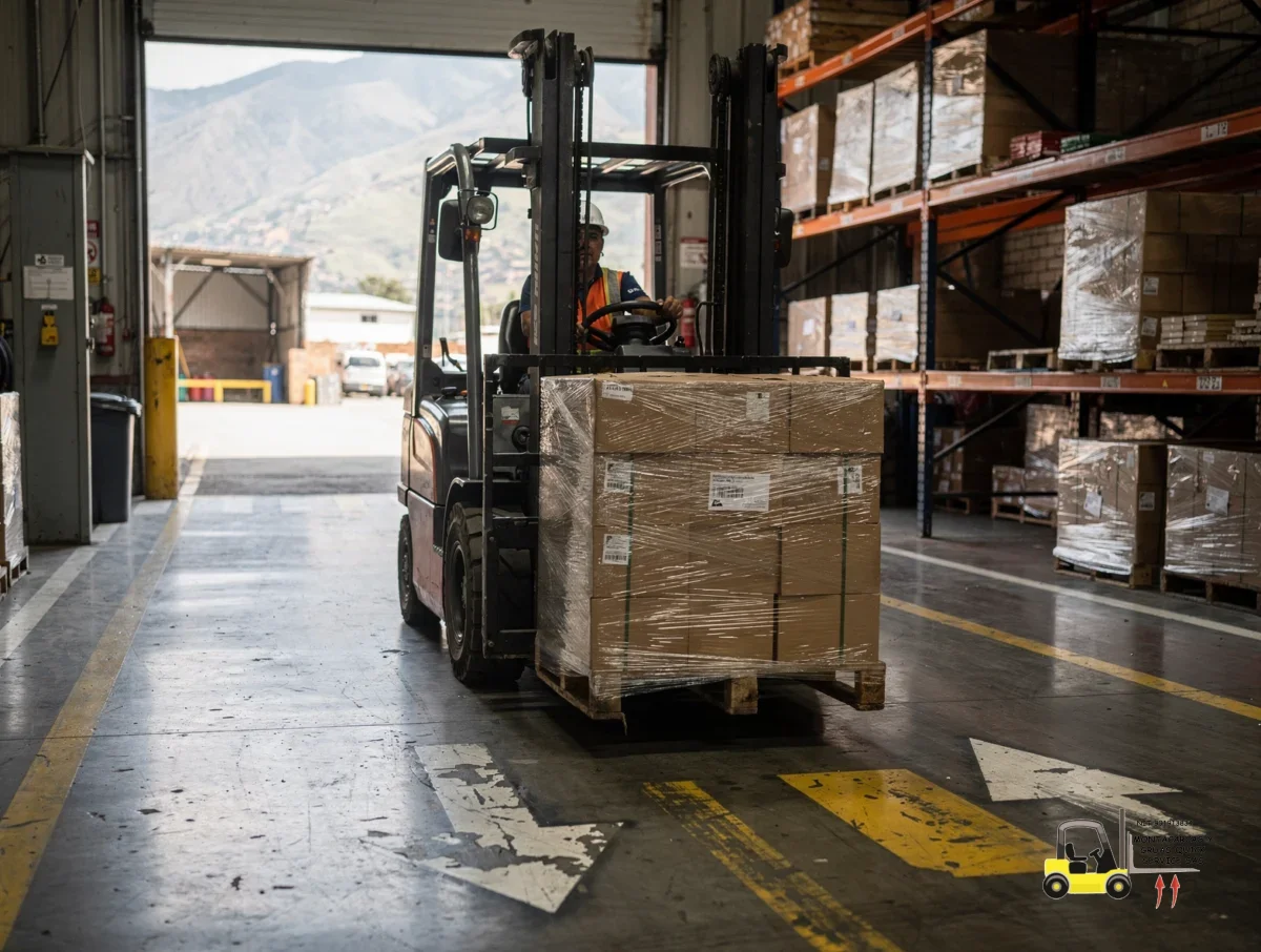 Alquiler de montacargas por horas en Bogotá sur: paga solo lo que usas y sigue moviendo carga 4 Operador revisando montacargas por horas en Bogotá sur en un muelle de carga con pallets listos