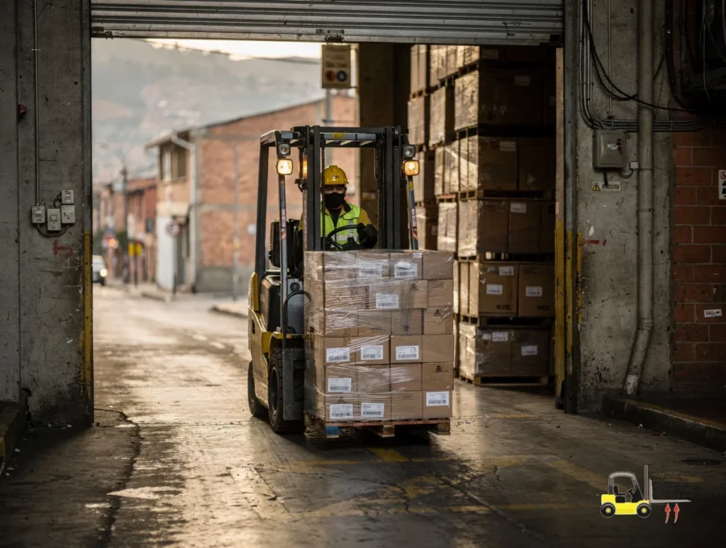 Alquiler de montacargas por horas en Los Mártires cuando la maniobra no puede esperar 1 Alquiler de montacargas por horas en Los Mártires con operador cargando mercancía en una bodega urbana