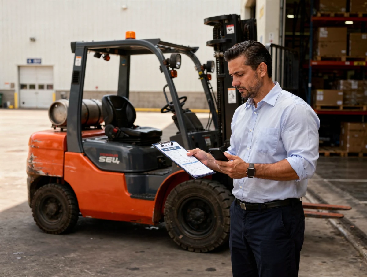 Cómo elegir la tarifa correcta Supervisor revisando una cotización por horas junto a un montacargas