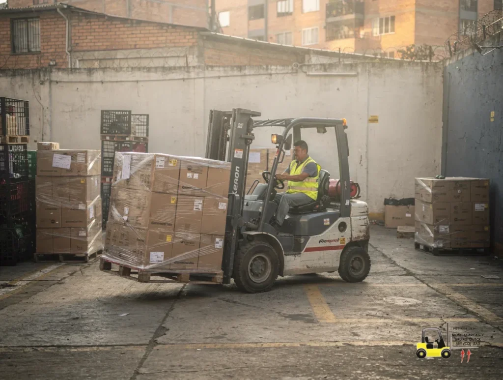 Alquiler de montacargas por horas en Usme cuando el turno no puede parar 1 alquiler de montacargas por horas en Usme para mover pallets en un patio urbano