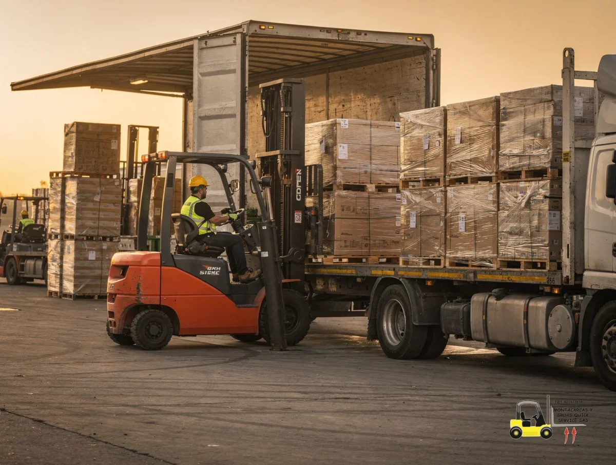 Alquiler de montacargas por horas en Usme cuando el turno no puede parar 6 montacargas con operador acomodando pallets sobre una plataforma de carga