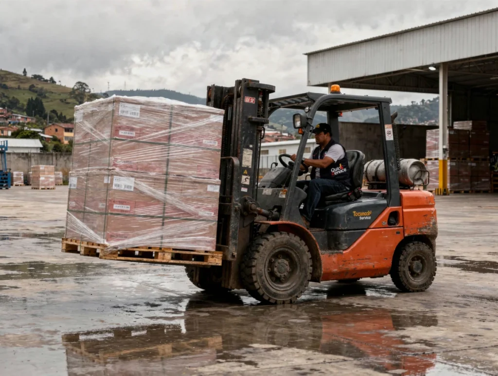 Cuando el patio se llena y el despacho no espera: así responde un montacargas a combustión 1 Montacargas a combustión moviendo pallets en un patio industrial de Tocancipá