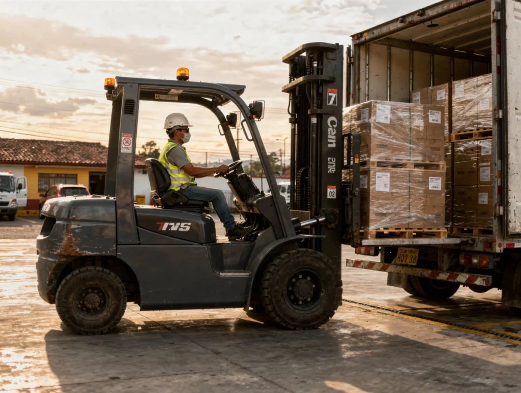 Cuando la bodega no puede esperar: apoyo real para mover carga sin frenar el despacho 1 Montacargas para cargue y descargue en un muelle de Tocancipá con pallets listos para recibir.