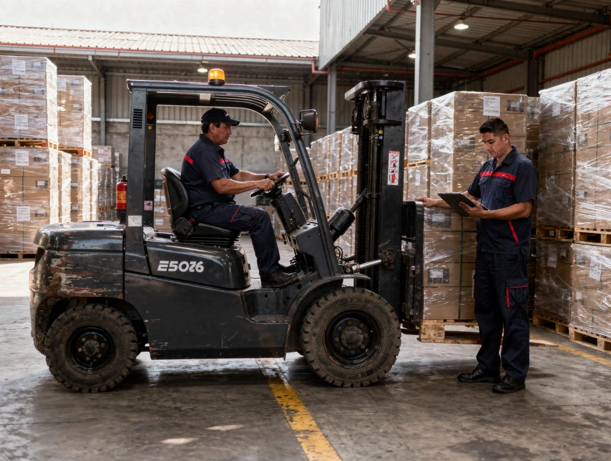 Control de recepción en zona franca Supervisor revisando pallets y registro de ingreso en una bodega de Zona Franca de Bogotá.