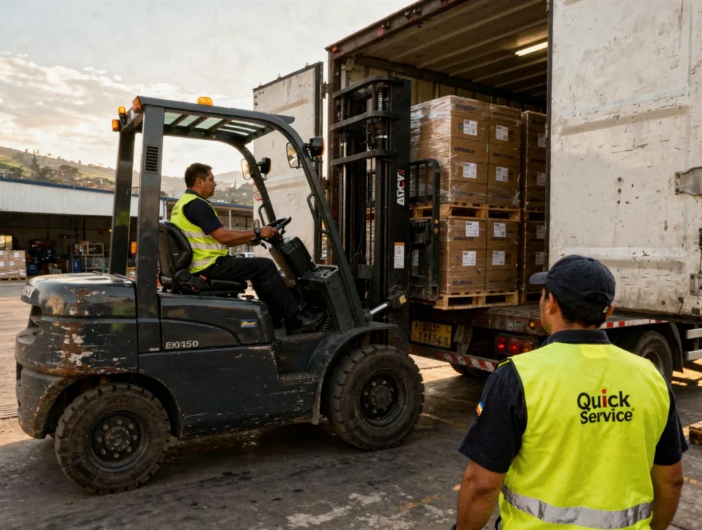 Los días que sí te ahorran horas al pedir montacargas en Tocancipá 1 Operador cargando mercancía con montacargas cargue descargue en una bodega de Tocancipá al amanecer