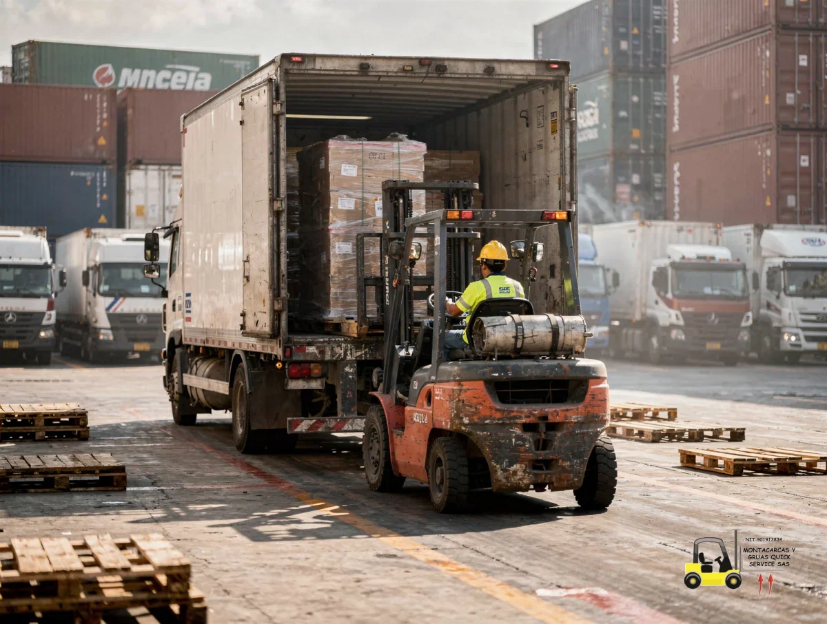 Montacargas para camiones en zona franca de Bogotá: la ayuda que tu turno sí necesita 3 Montacargas descargando pallets desde una tractomula en un patio logístico