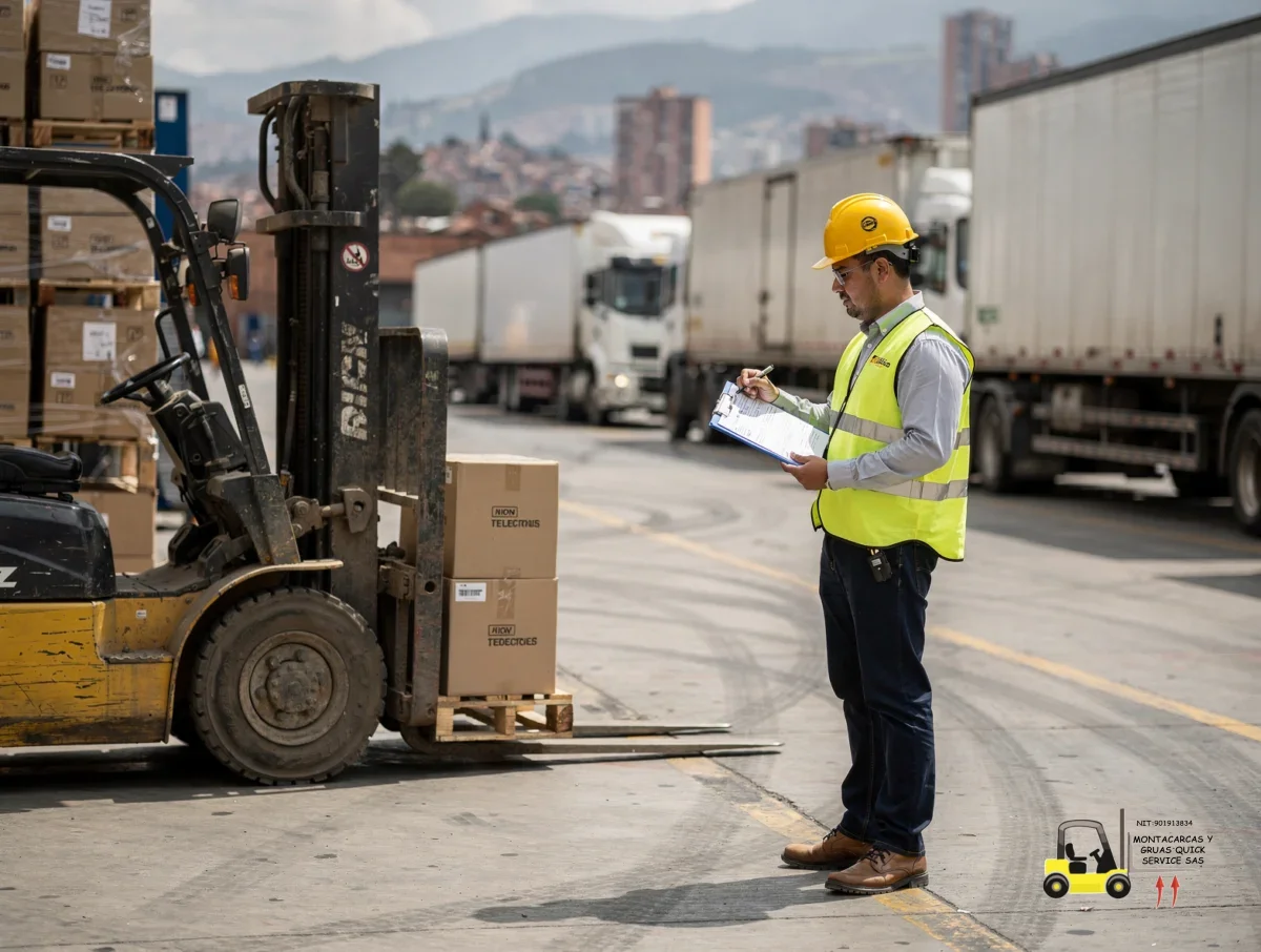 Montacargas para camiones en zona franca de Bogotá: la ayuda que tu turno sí necesita 4 Montacargas para camiones en zona franca de Bogotá descargando pallets desde una tractomula en un patio industrial
