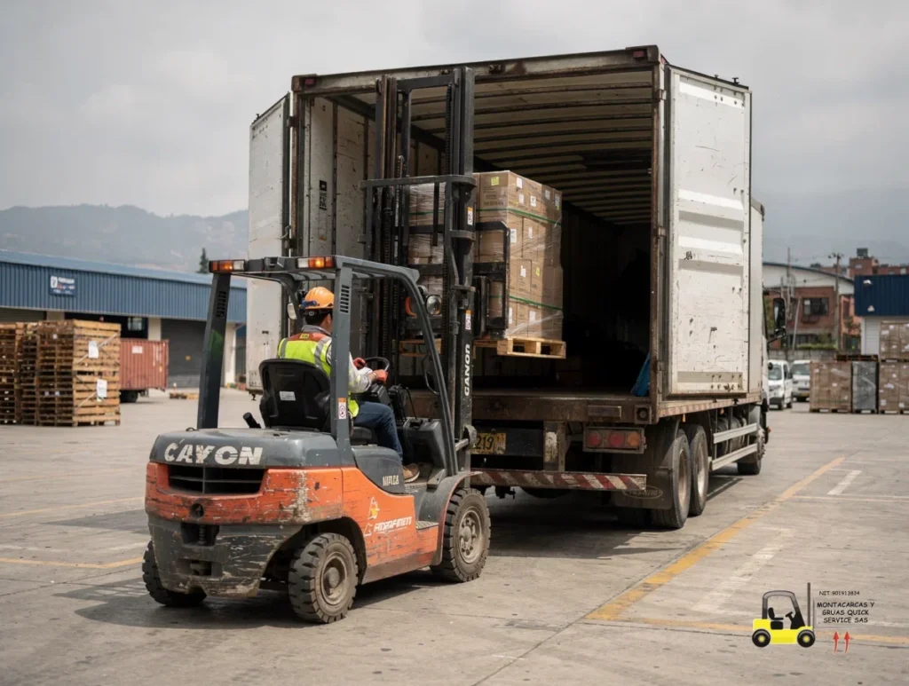 Montacargas para cargue y descargue en Tunjuelito con salida rápida y operadores listos 1 Montacargas para cargue y descargue en Tunjuelito moviendo una estiba desde un camión en un patio industrial