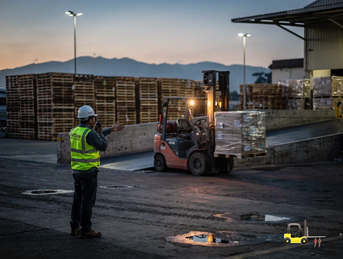 Montacargas para cargue y descargue en Tunjuelito con salida rápida y operadores listos 6 Coordinador de logística guiando una maniobra junto a pallets y una rampa de carga
