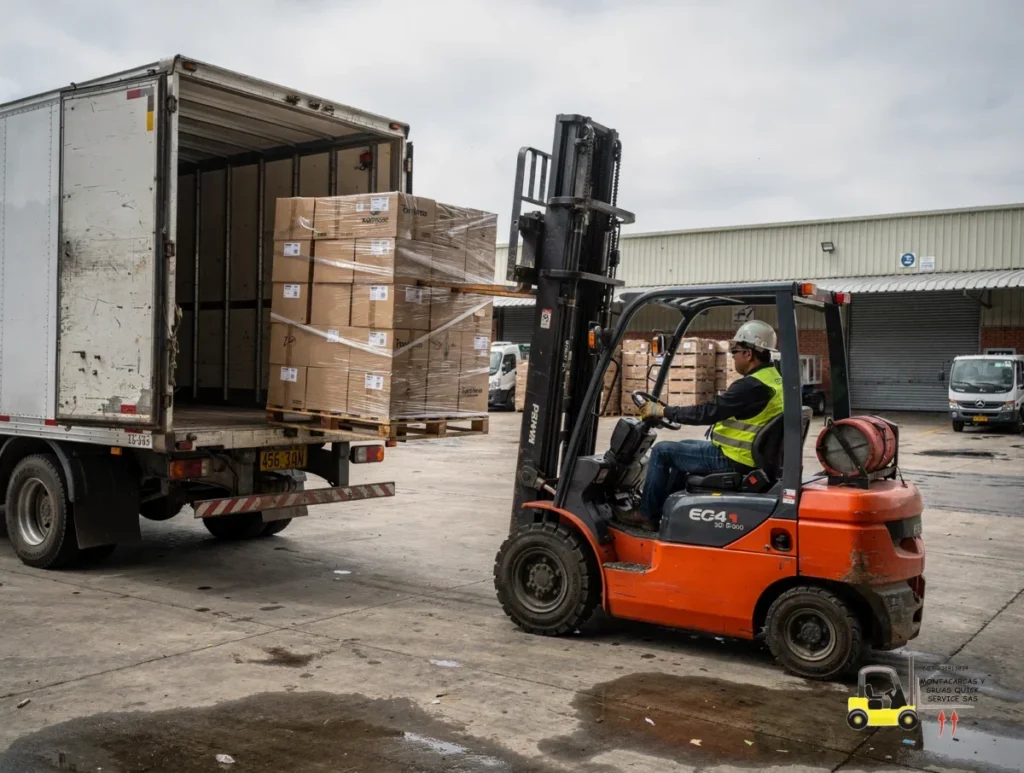 Montacargas para empresas en Engativá: elige bien y mueve tu carga sin perder tiempo 1 Montacargas para empresas en Engativá descargando mercancía frente a una bodega industrial