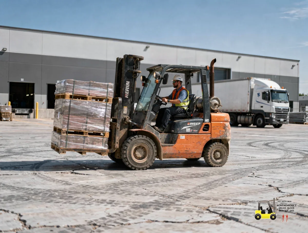 Montacargas para empresas en Engativá: elige bien y mueve tu carga sin perder tiempo 5 Montacargas diésel moviendo materiales pesados en un patio industrial