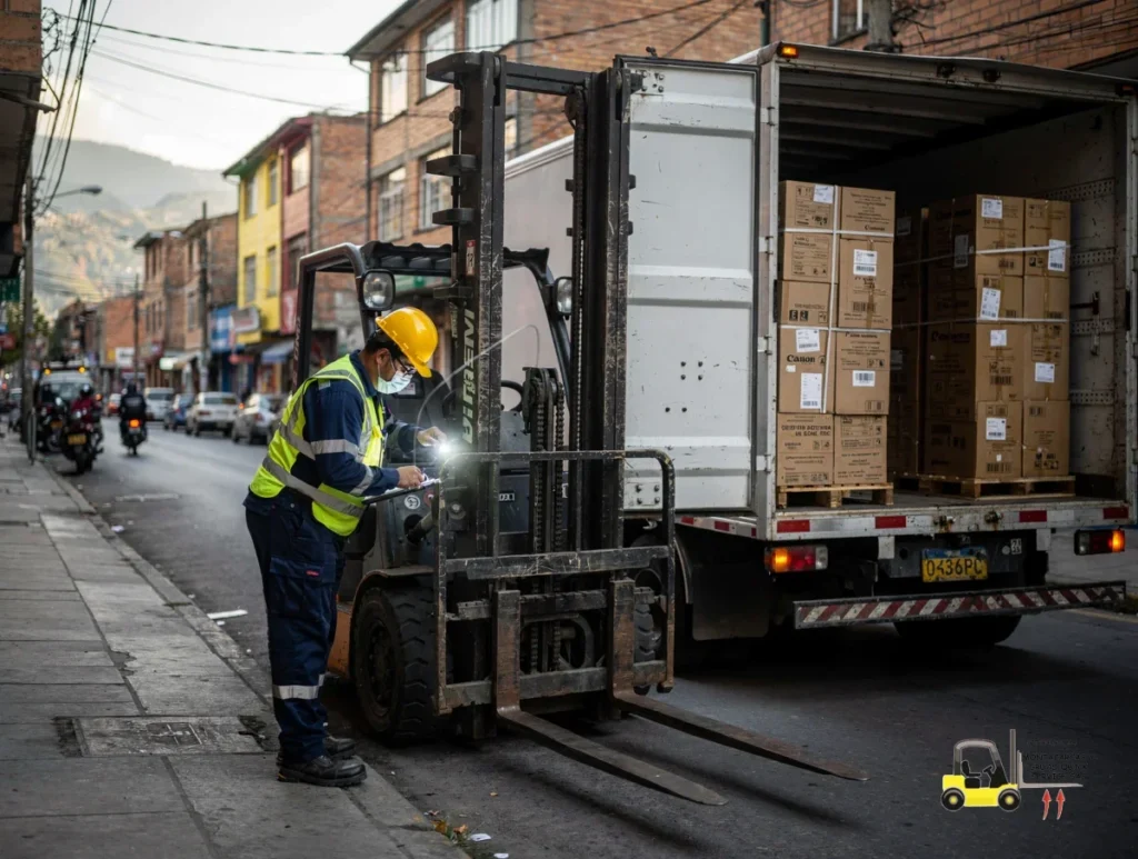 Montacargas sin operador en Chapinero: control total sin frenar tu jornada 1 Técnico revisando montacargas sin operador en Chapinero junto a una camioneta de reparto