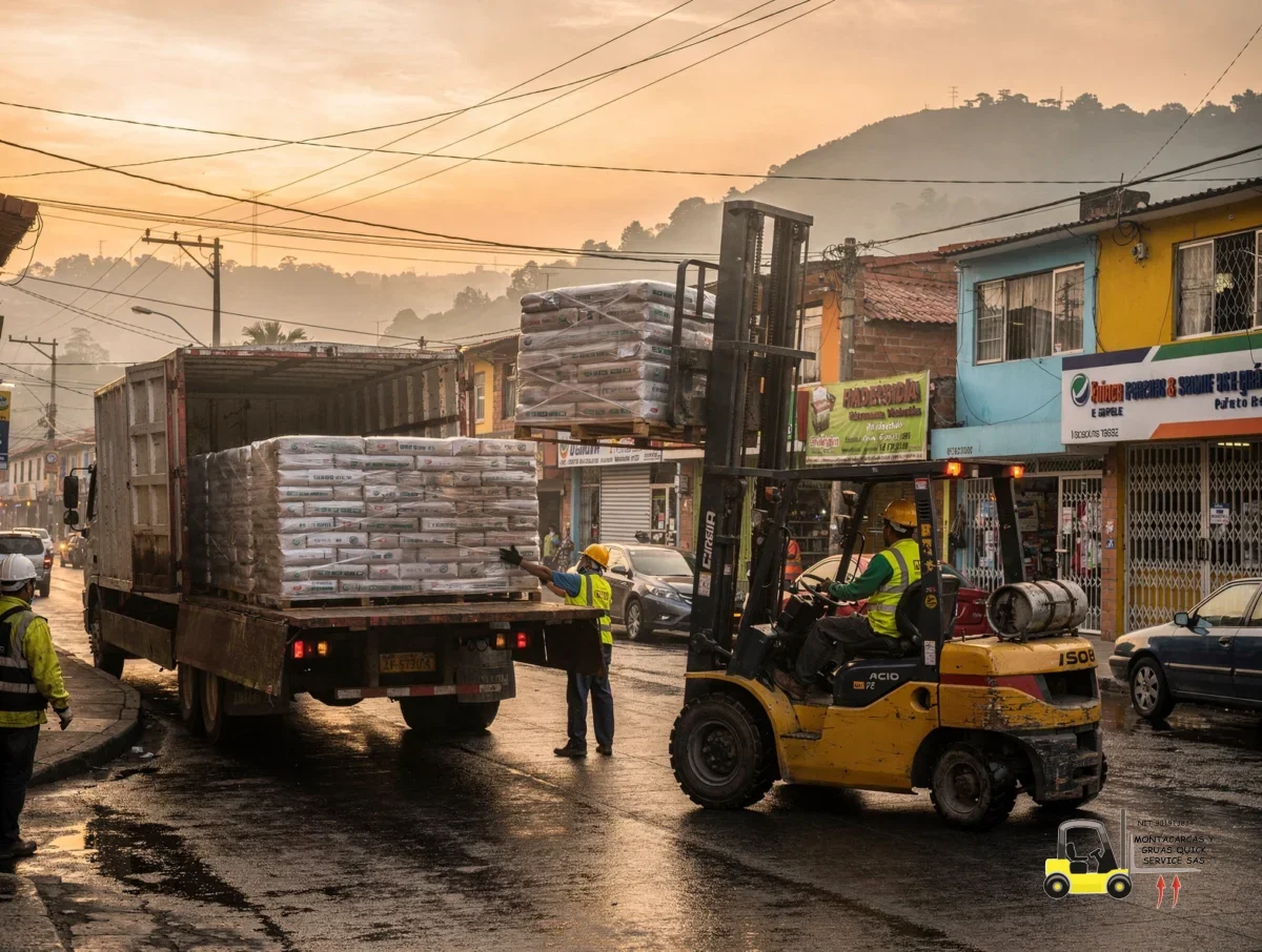 Montacargas sin operador en Chapinero: control total sin frenar tu jornada 6 Montacargas descargando materiales desde un camión en una calle comercial