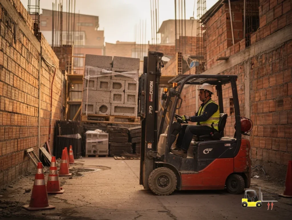 Renta de montacargas para construcción en Antonio Nariño cuando el acceso manda 1 Renta de montacargas para construcción en Antonio Nariño con un montacargas eléctrico moviendo bloques en una obra urbana.