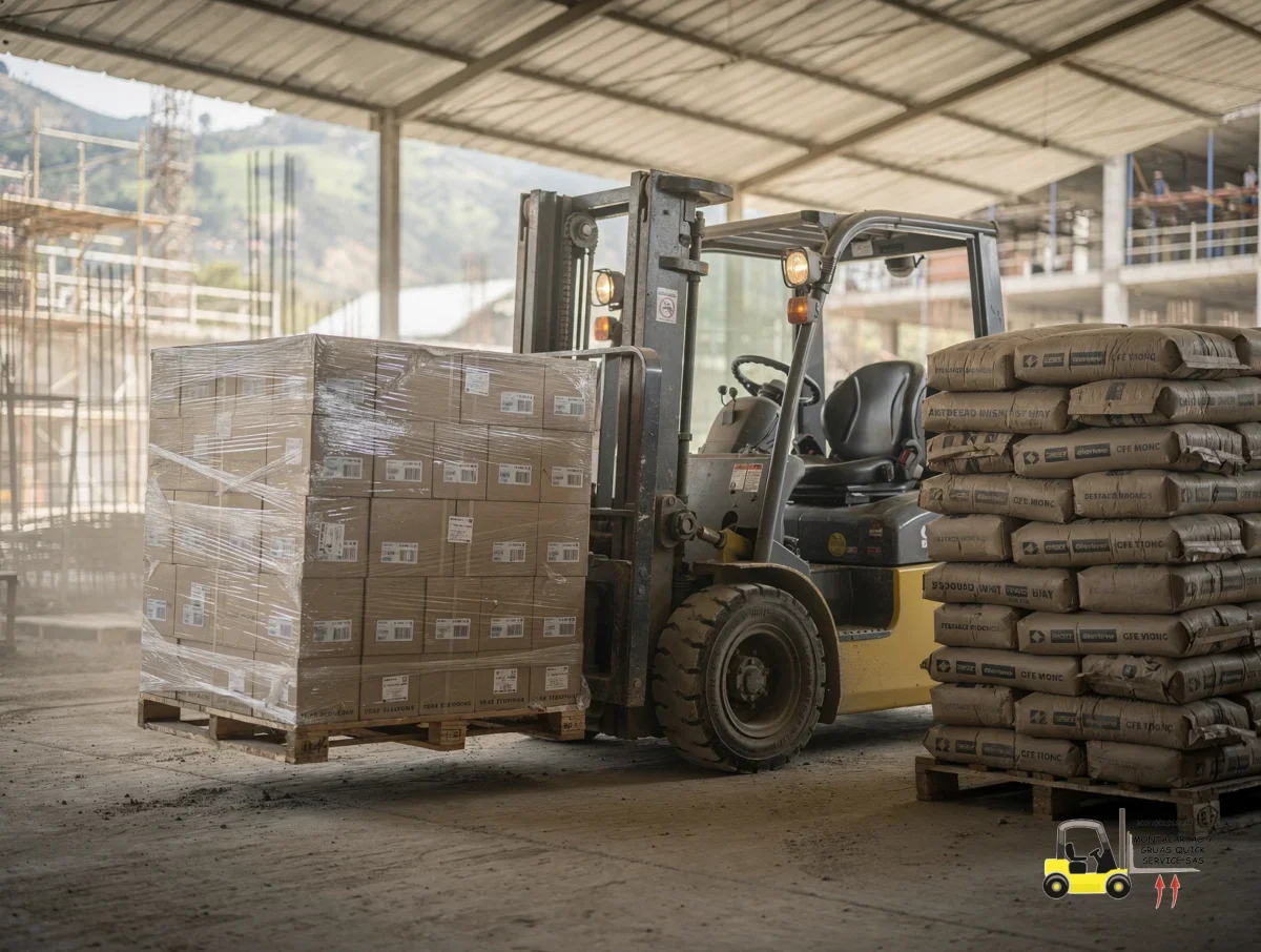 Renta de montacargas para construcción en Antonio Nariño cuando el acceso manda 5 Montacargas ajustando pallets de materiales de obra en un área cubierta.