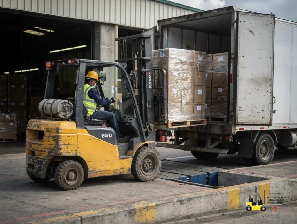Servicio de montacargas en Kennedy: rapidez real para tu operación sin detener el turno 1 Operador descargando pallets con servicio de montacargas en Kennedy en una bodega industrial
