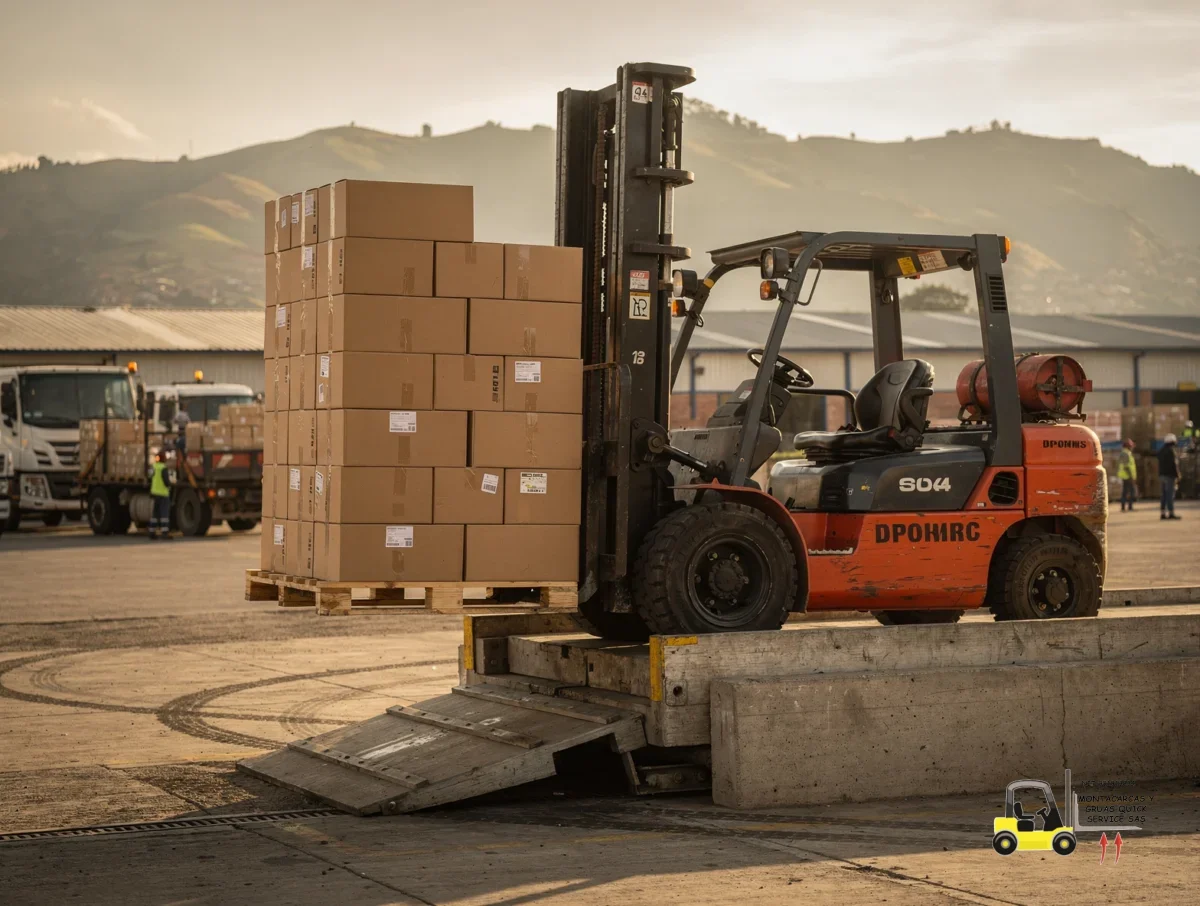 Servicio de montacargas en Kennedy: rapidez real para tu operación sin detener el turno 4 Montacargas diésel levantando mercancía pesada junto a una rampa