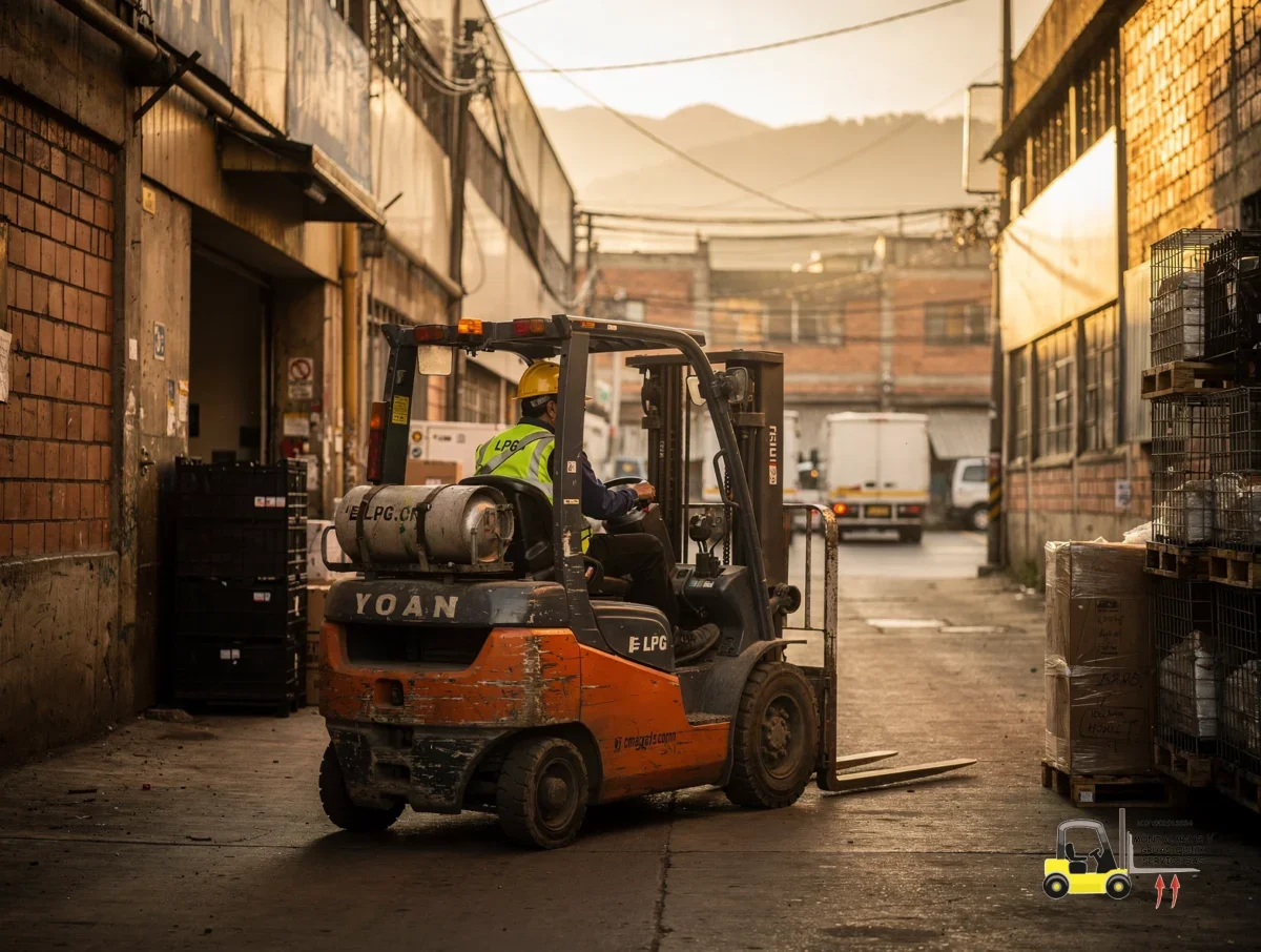 Servicio de montacargas en Kennedy: rapidez real para tu operación sin detener el turno 6 Montacargas compacto maniobrando en un pasillo estrecho de la zona industrial