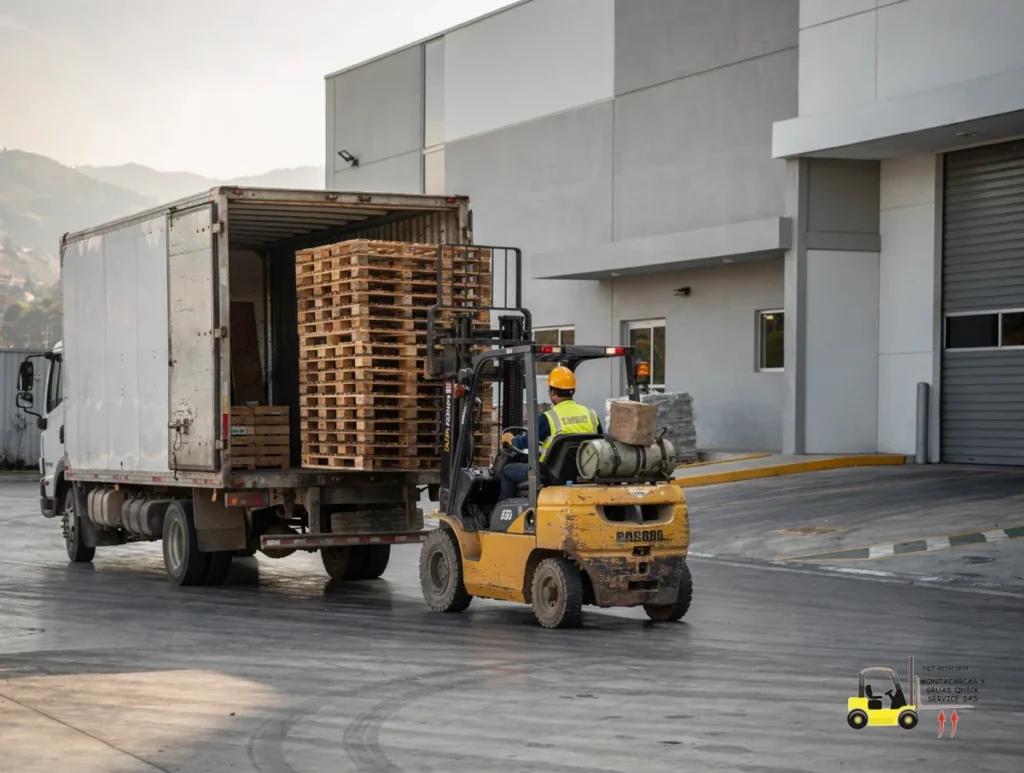 Servicio de montacargas en Suba: la respuesta rápida para mover tu carga sin detener la operación 1 Servicio de montacargas en Suba con descarga de pallets en una bodega comercial