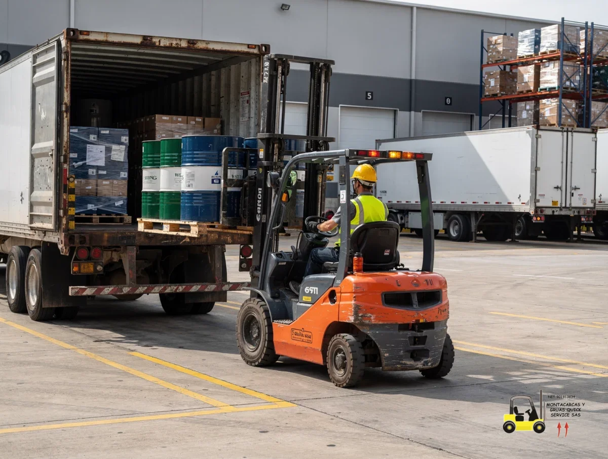 Servicio de montacargas en Suba: la respuesta rápida para mover tu carga sin detener la operación 5 Operador certificado descargando mercancía en un muelle logístico